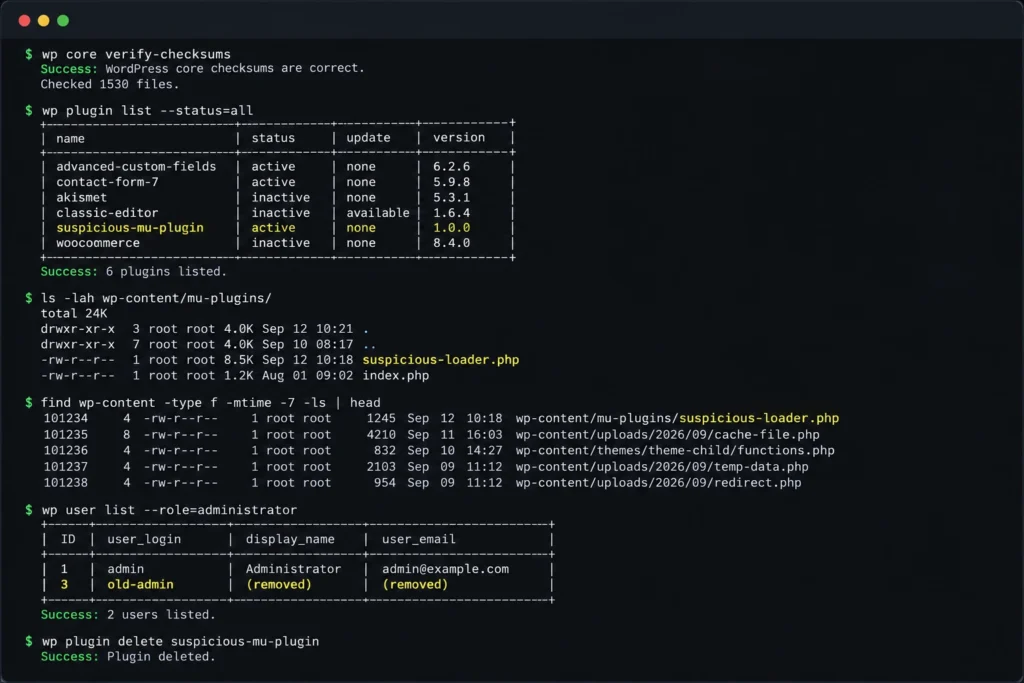 WordPress security investigation using WP-CLI and server checks