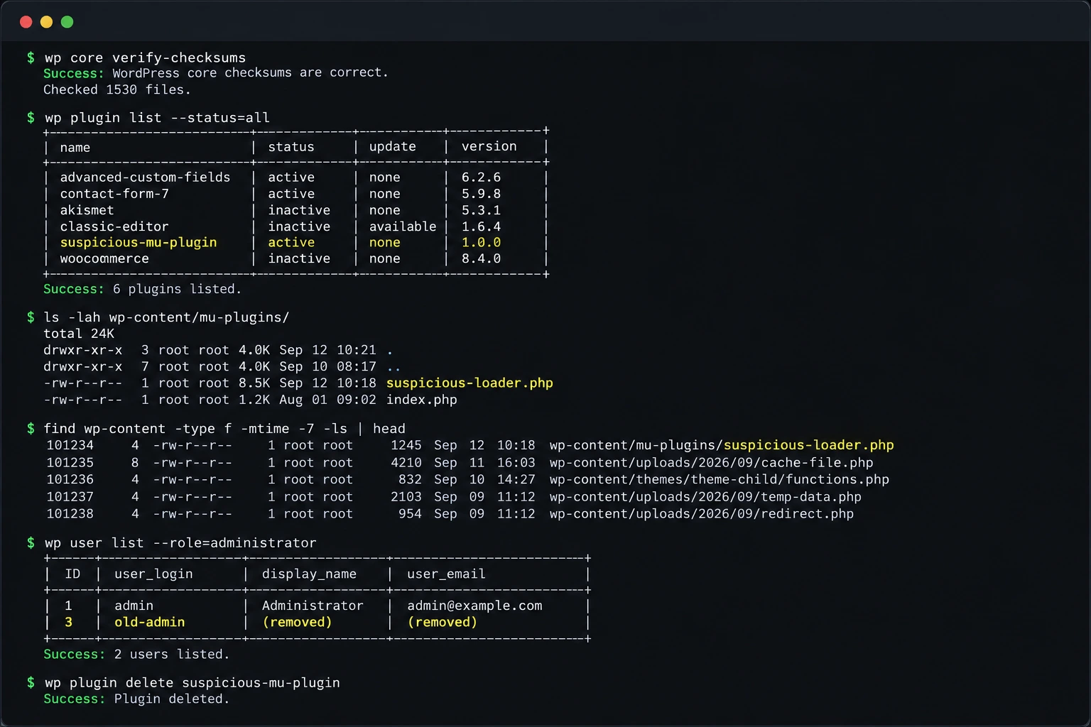 WordPress security investigation using WP-CLI and server checks
