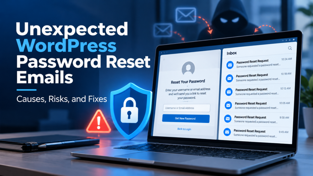 Illustration of repeated WordPress password reset request emails displayed beside a login form